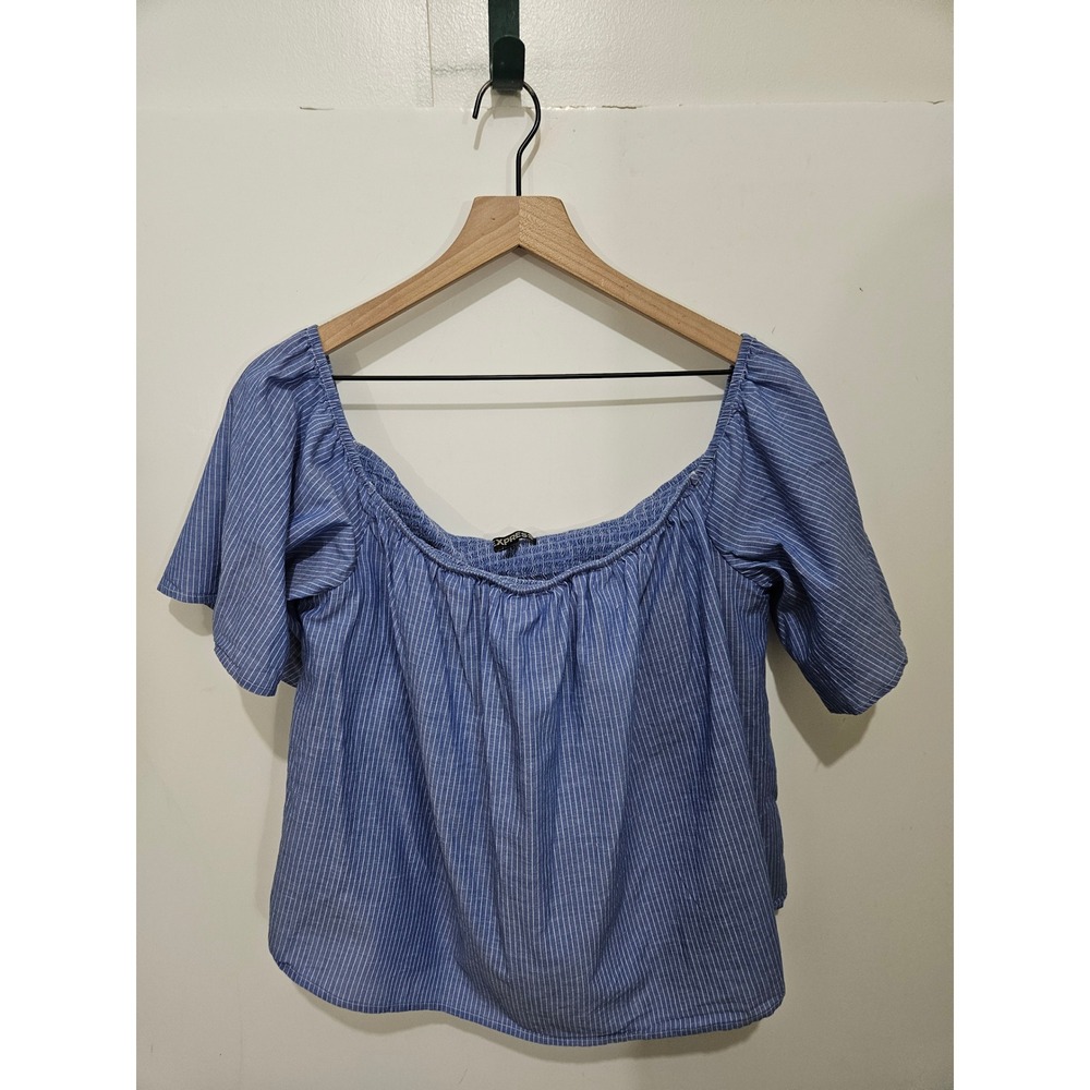 Express Womens Blue Pinstripe Off Shoulder Cotton Linen Blouse XL Short Sleeve